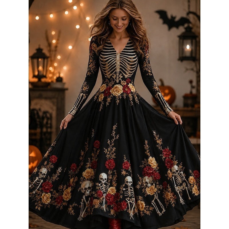 Mila | Déguisement Halloween Femme Robe Maxi Manches Longues Squelette Encolure V - Noir