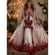 Mila | Déguisement Halloween Femme Robe Maxi Manches Longues Squelette Encolure V - Rouge