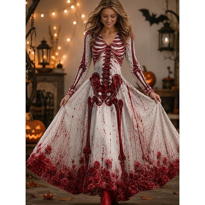 Mila | Déguisement Halloween Femme Robe Maxi Manches Longues Squelette Encolure V - Rouge