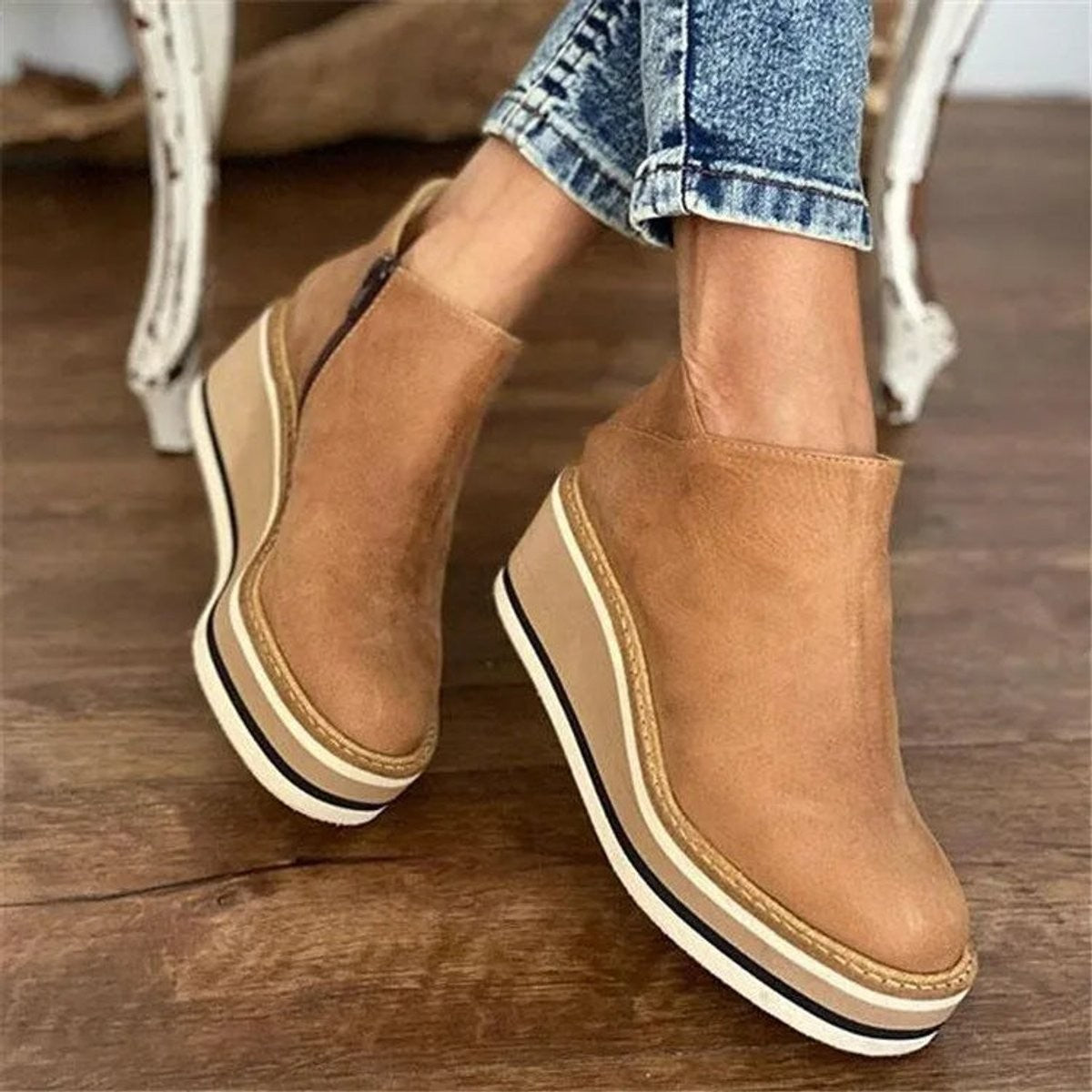 Mila | Dames Bottines Talon Compensé Plateforme Fermeture Éclair - Beige