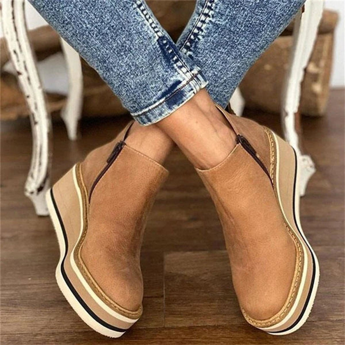 Mila | Dames Bottines Talon Compensé Plateforme Fermeture Éclair - Beige