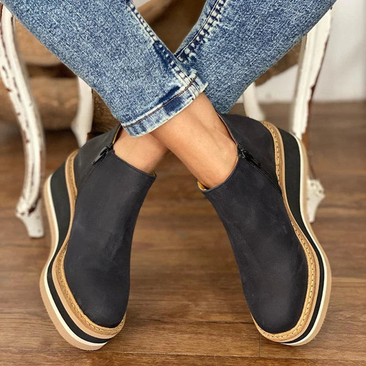 Mila | Dames Bottines Talon Compensé Plateforme Fermeture Éclair - Beige
