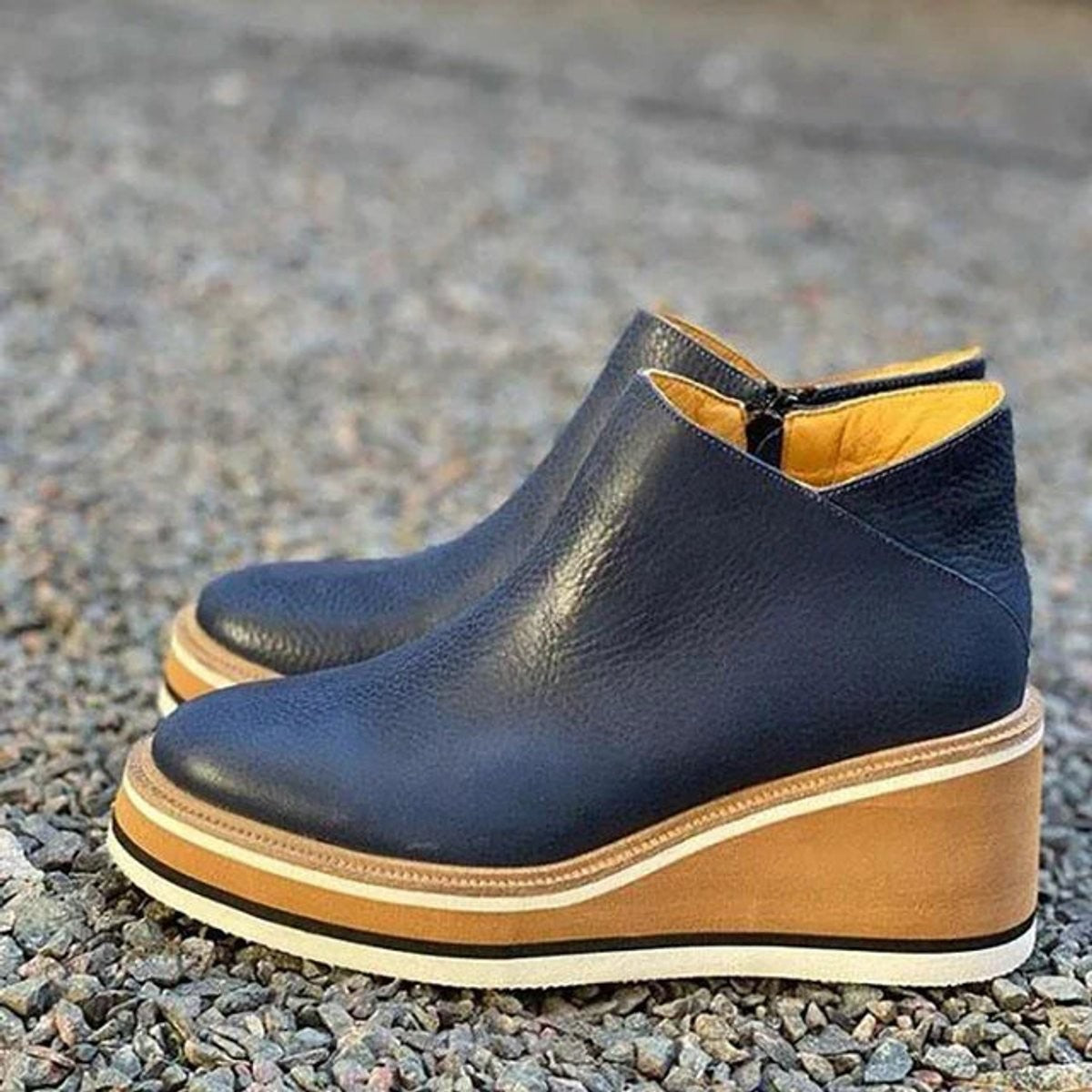 Mila | Dames Bottines Talon Compensé Plateforme Fermeture Éclair - Bleu
