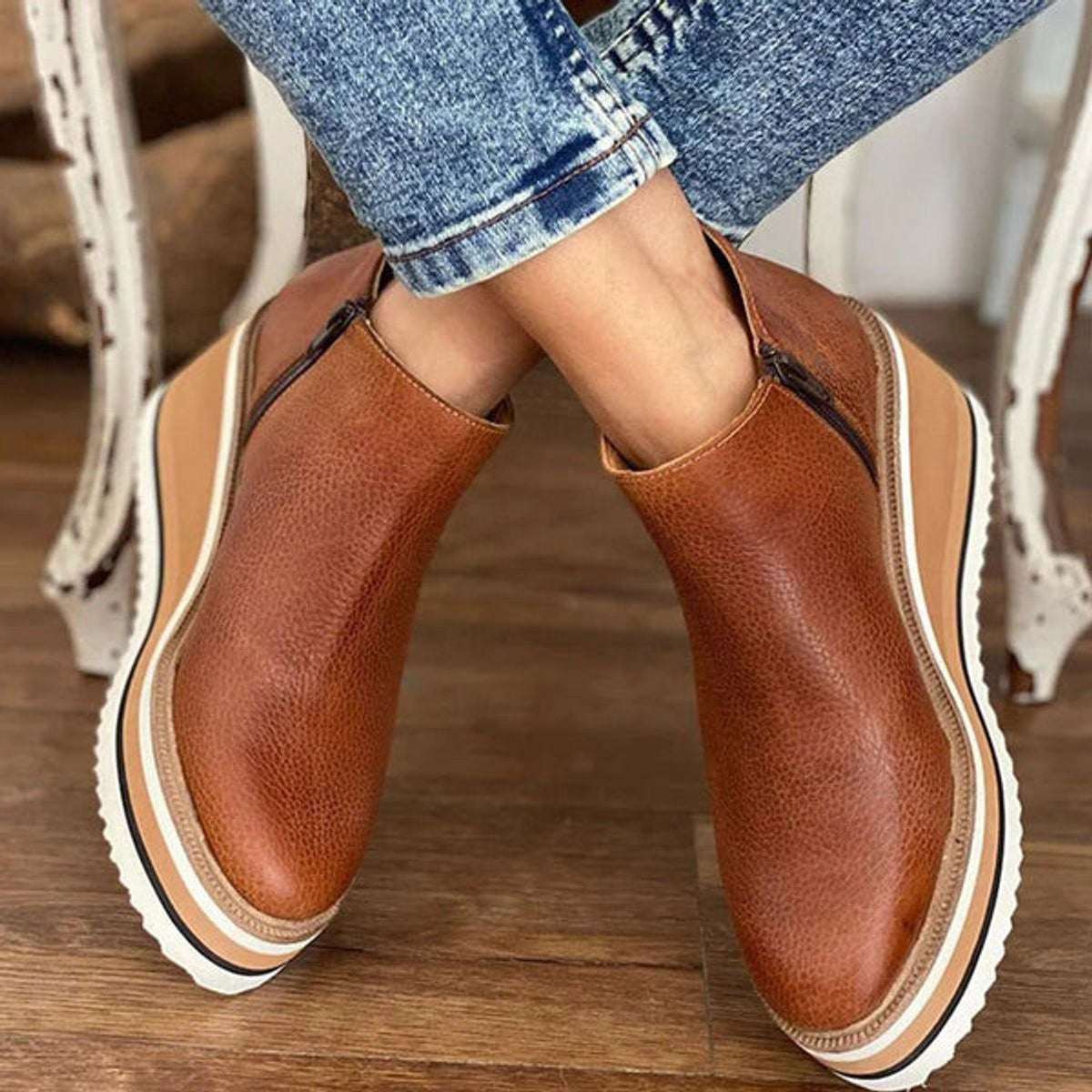 Mila | Dames Bottines Talon Compensé Plateforme Fermeture Éclair - Marron