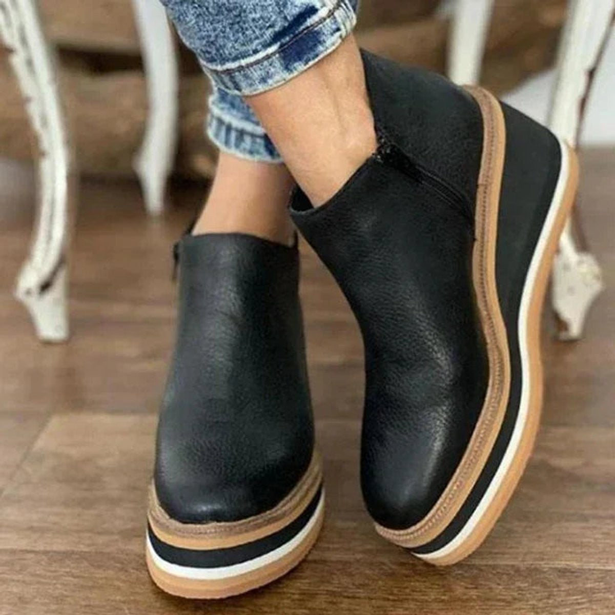 Mila | Dames Bottines Talon Compensé Plateforme Fermeture Éclair - Noir