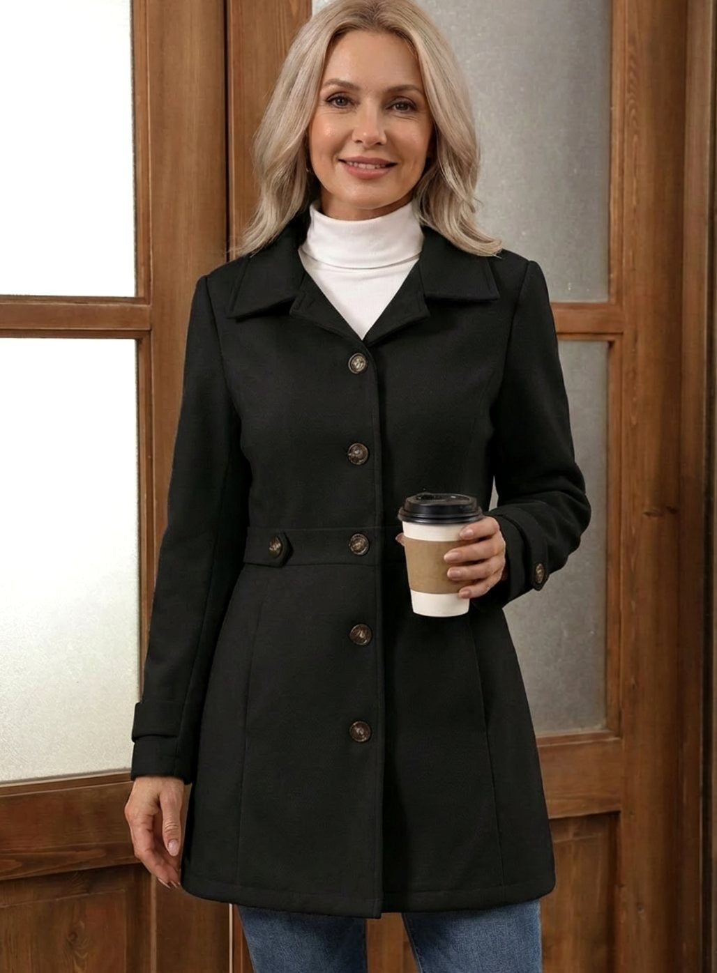 Mila | Manteau pour Femme Coupe Cintrée Revers Boutonnage Laine - Noir
