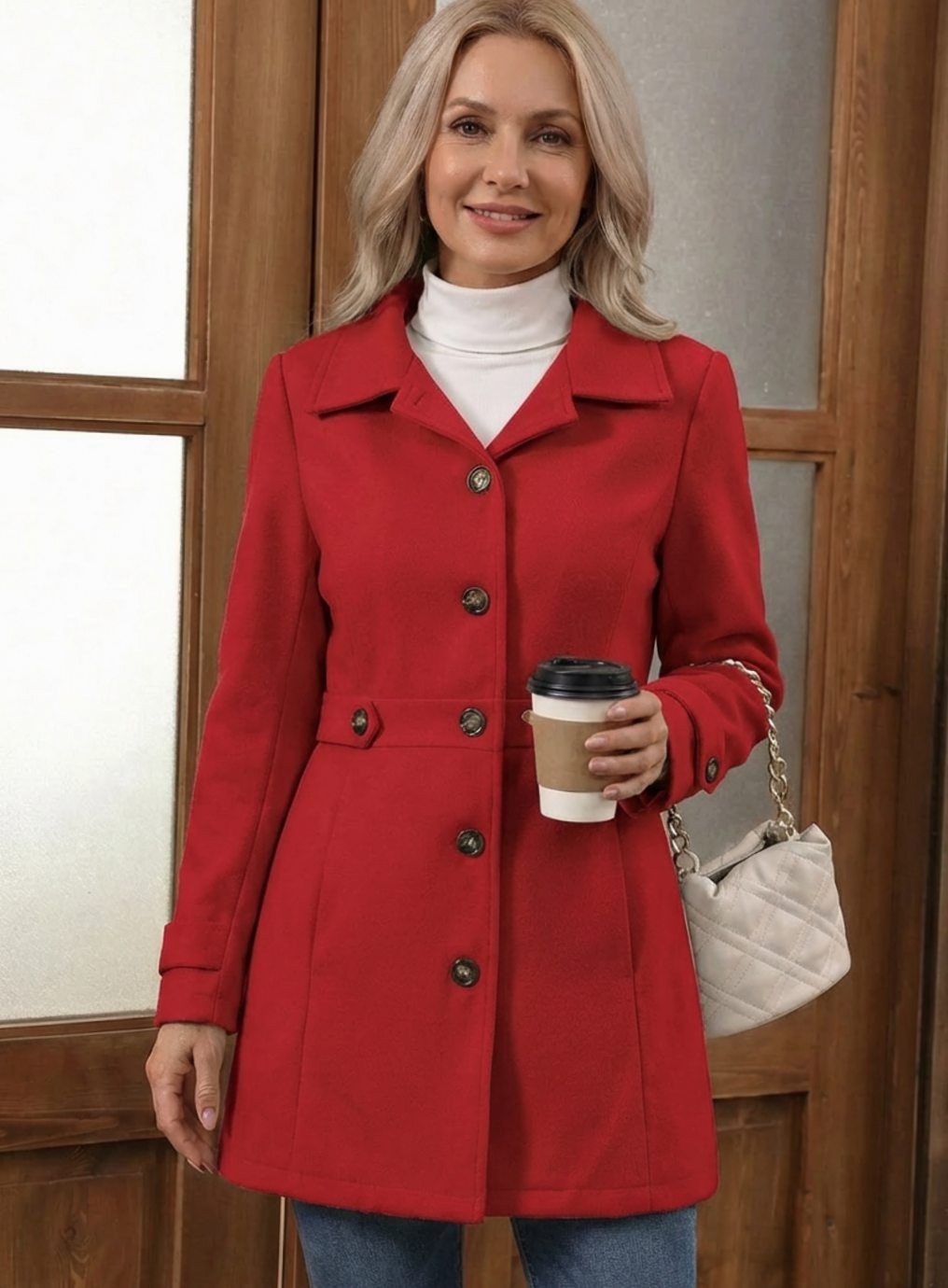 Mila | Manteau pour Femme Coupe Cintrée Revers Boutonnage Laine - Rouge