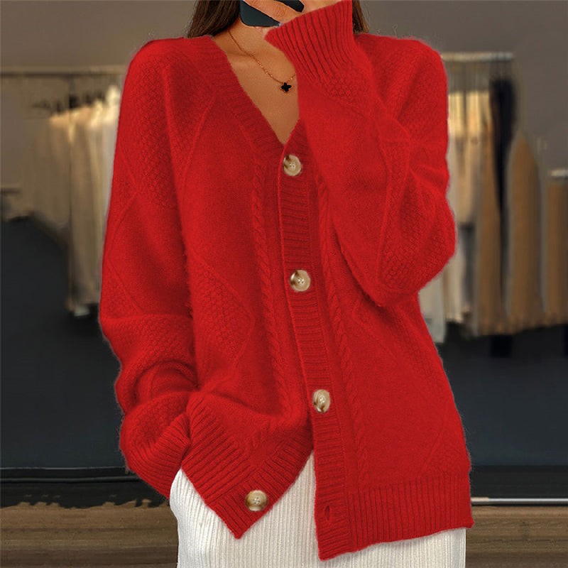 Mila | Pour Femme Cardigan Tricot Manches Longues Coupe Décontractée - Rouge