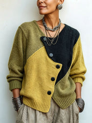 Mila | Pull pour Femme Coupe Ample Boutonnage Asymétrique Color-Block - Jaune