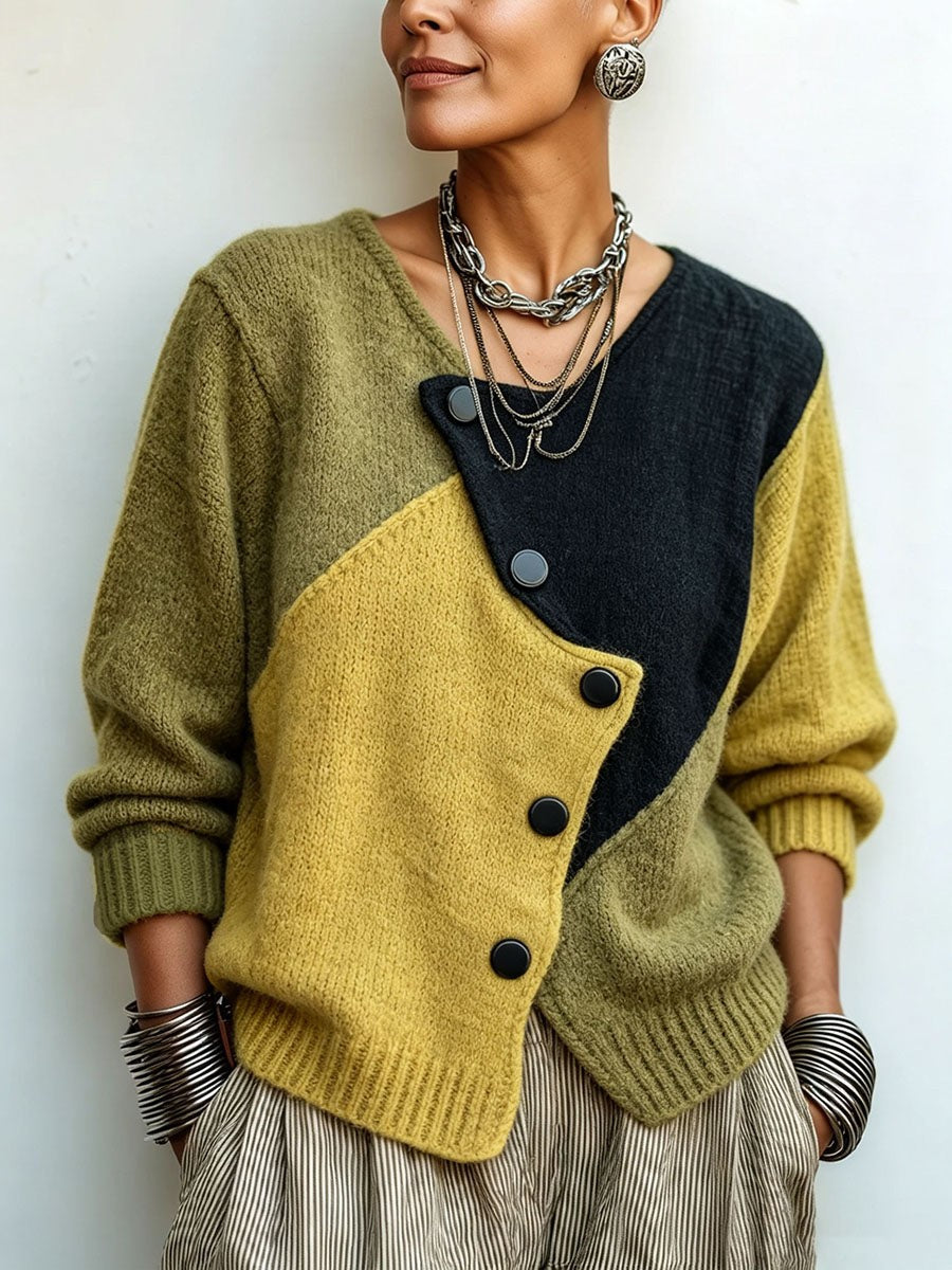 Mila | Pull pour Femme Coupe Ample Boutonnage Asymétrique Color-Block - Jaune