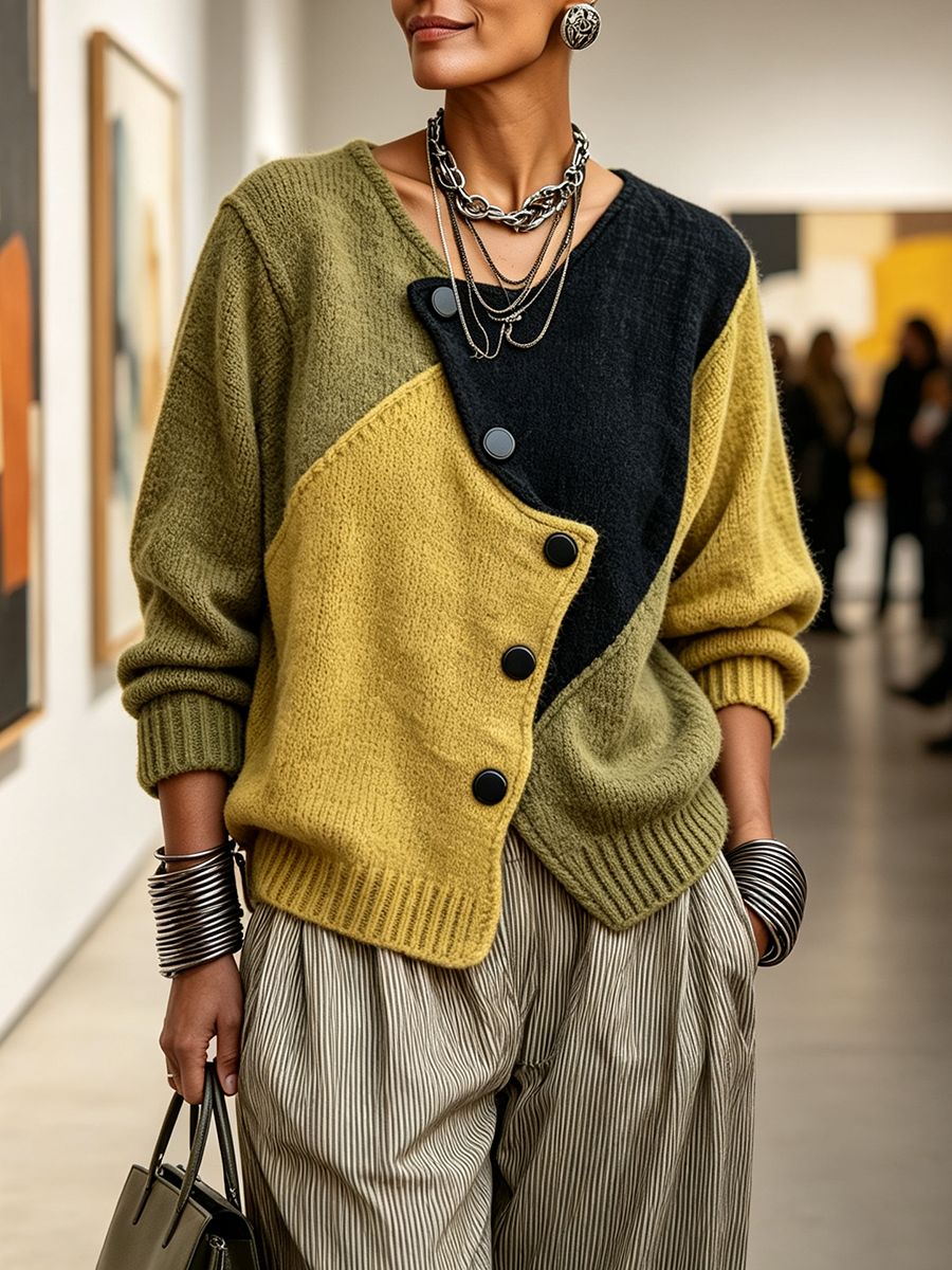 Mila | Pull pour Femme Coupe Ample Boutonnage Asymétrique Color-Block - Jaune