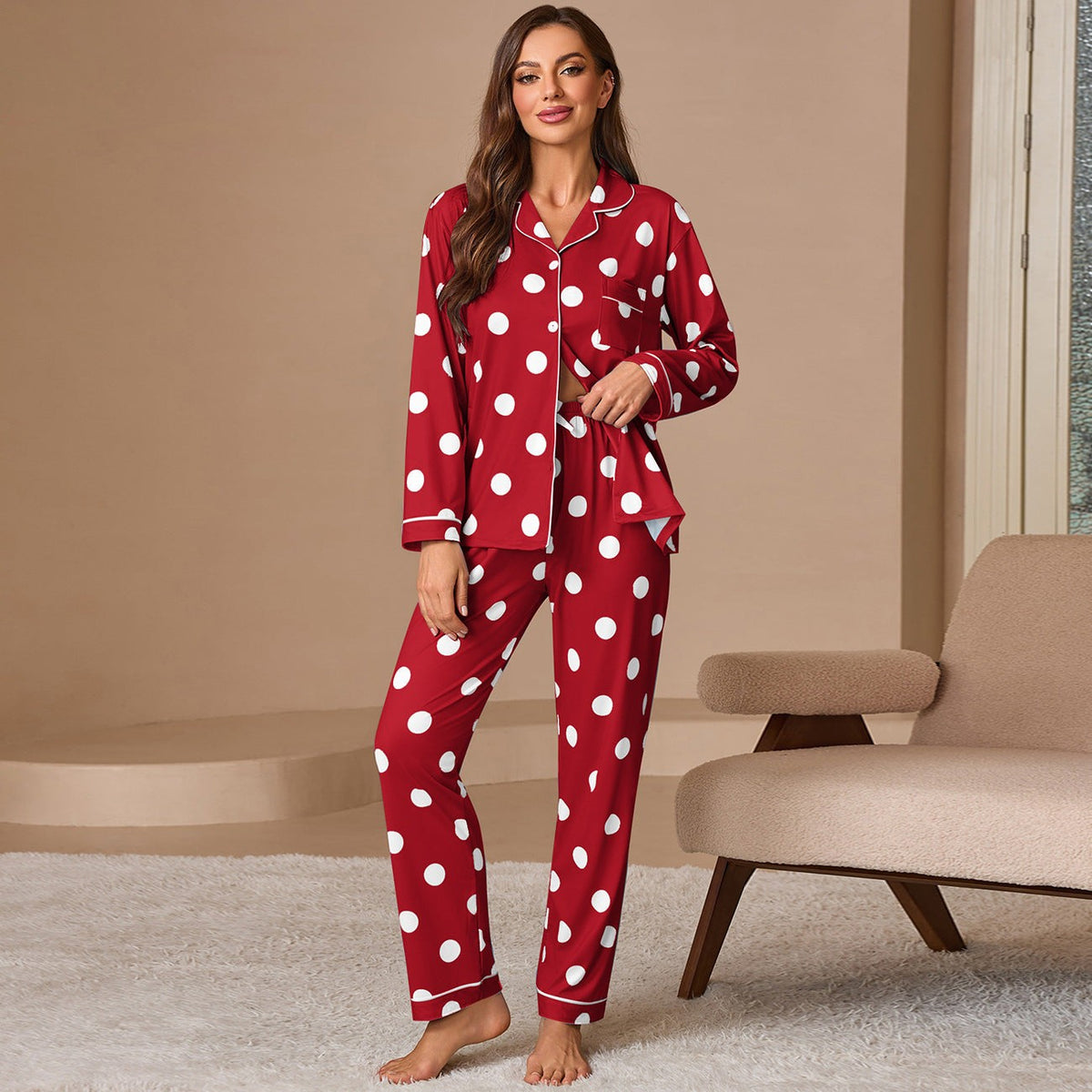 Mila | Pyjama Femme Coupe Ample Pois Classique Boutons Avant - Bleu