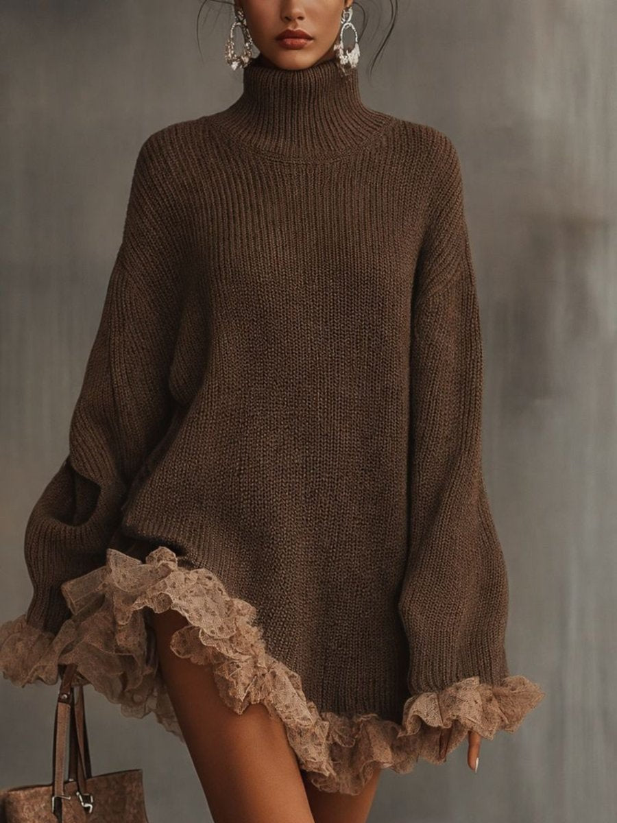 Mila | Robe pour Femme Col Roulé Oversize Maille Côtelée Volant Dentelle - Marron