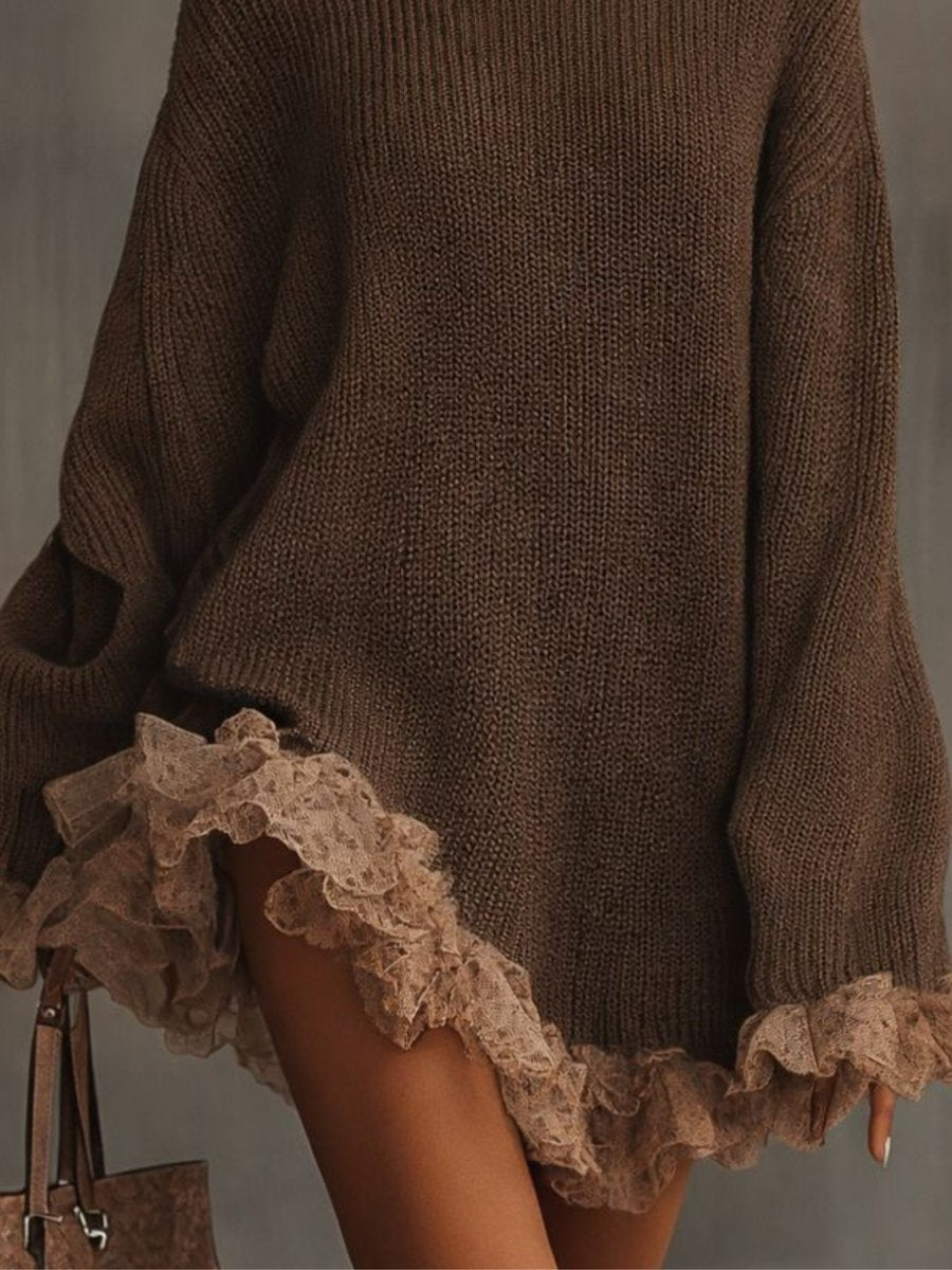 Mila | Robe pour Femme Col Roulé Oversize Maille Côtelée Volant Dentelle - Marron