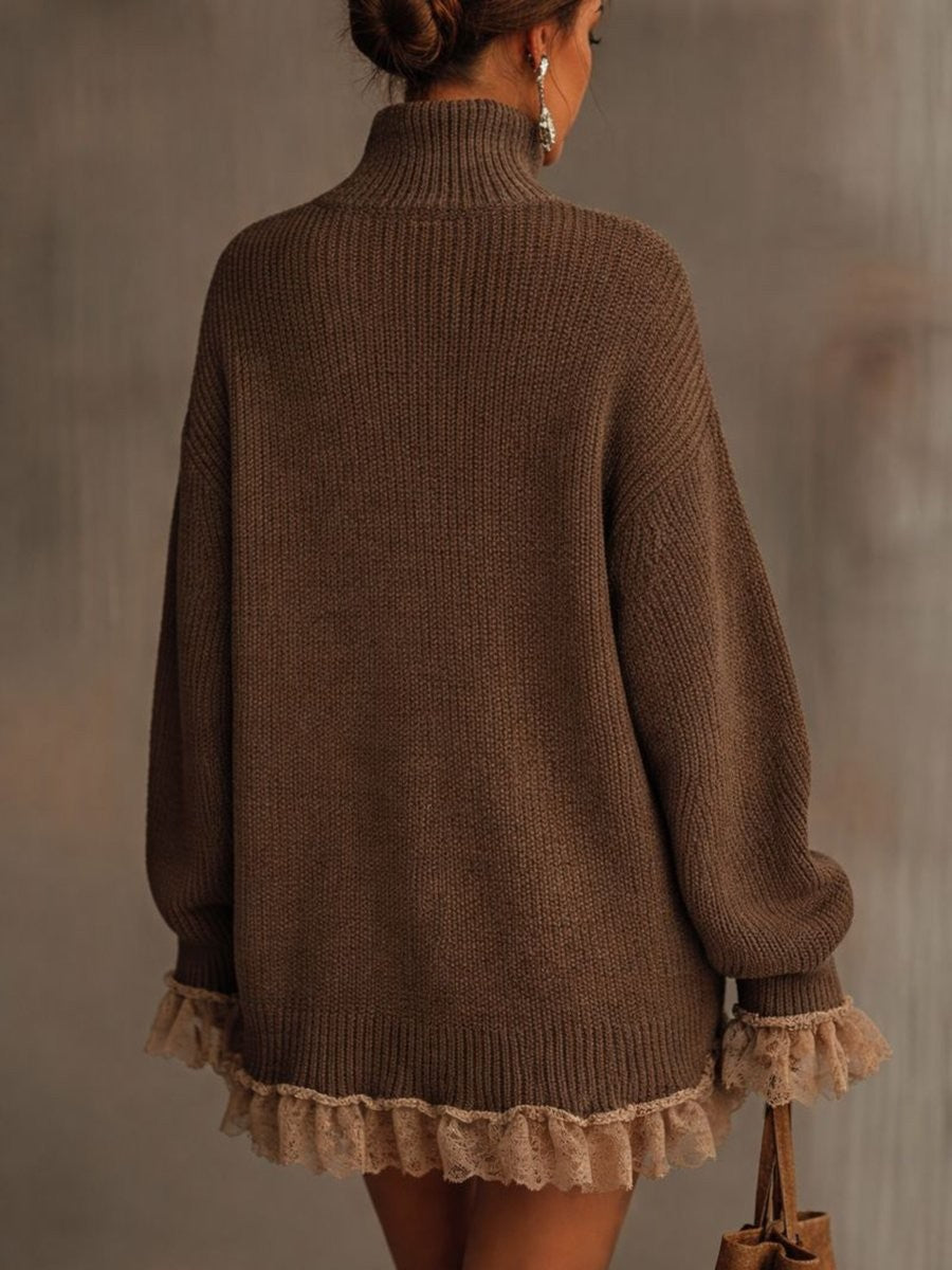 Mila | Robe pour Femme Col Roulé Oversize Maille Côtelée Volant Dentelle - Marron