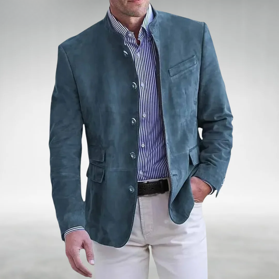 Mila | Veste pour Femme Col Mandarin Daim Coupe Ajustée - Bleu