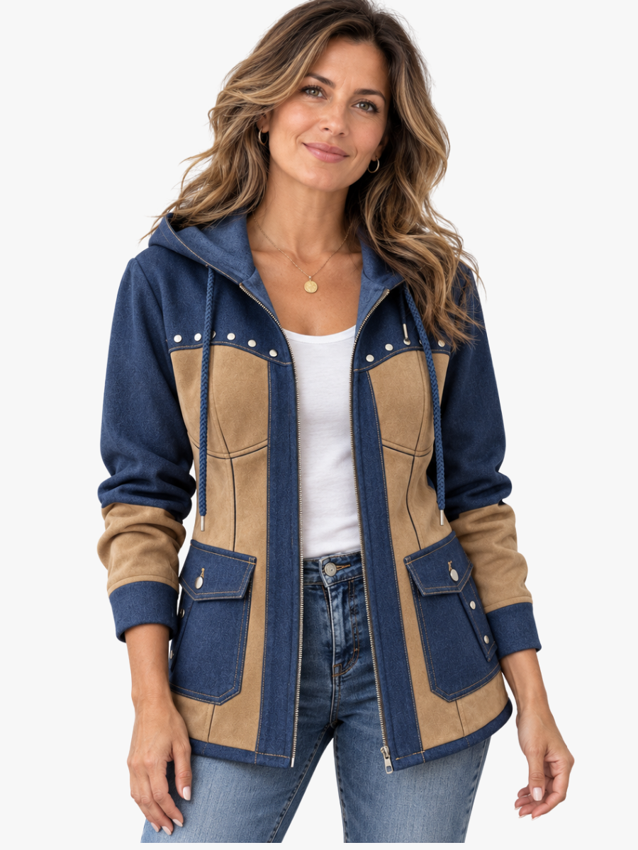 Mila | Veste pour Femme Patchwork Capuche Coupe Ample Poches - Bleu