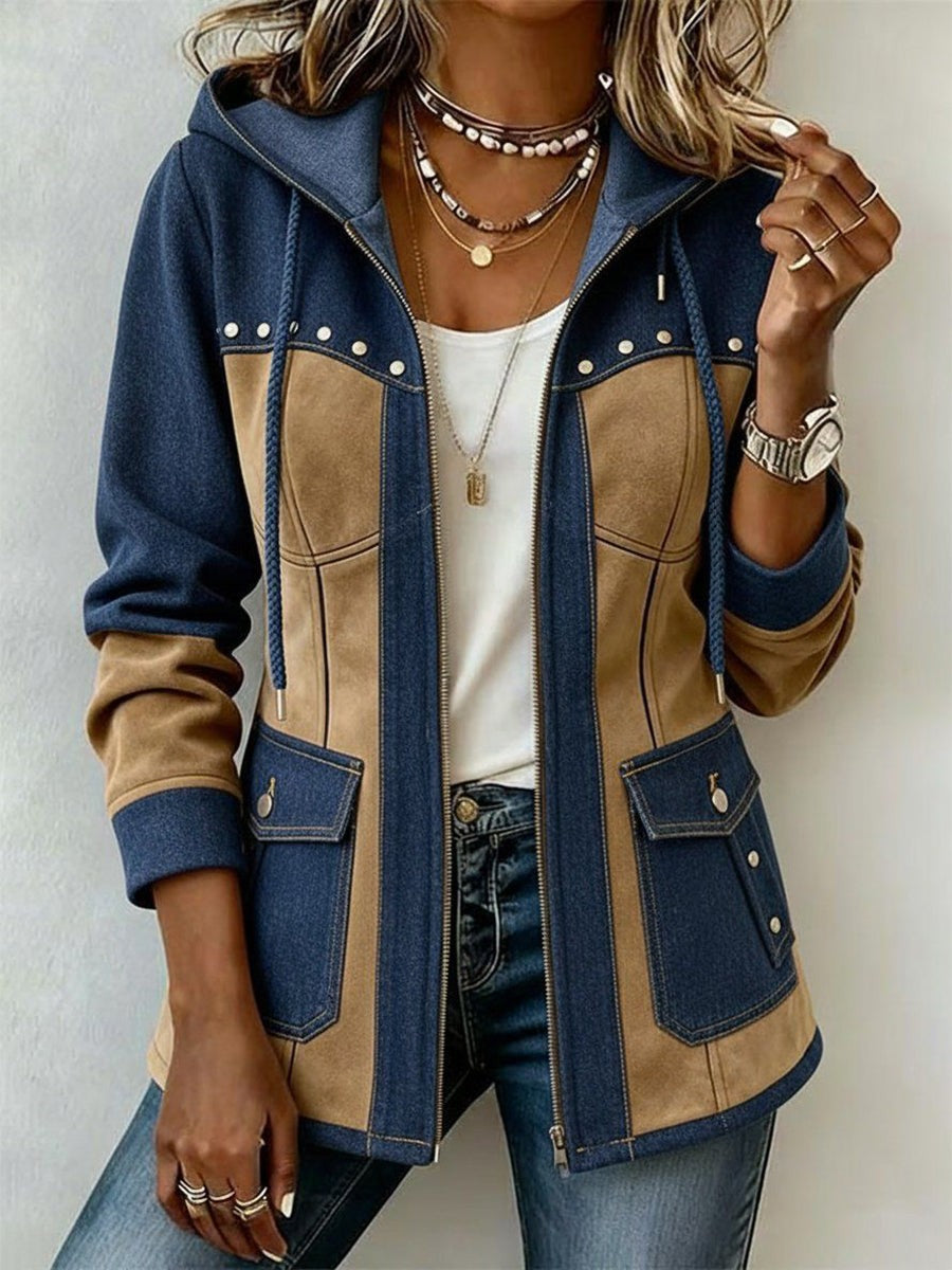 Mila | Veste pour Femme Patchwork Capuche Coupe Ample Poches - Bleu