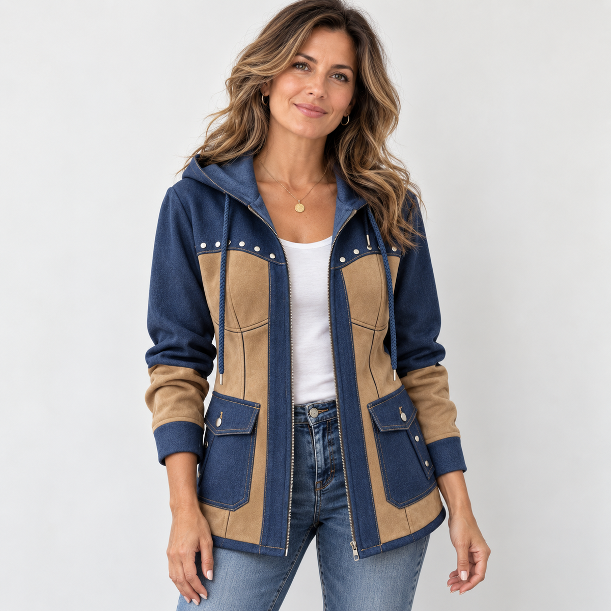 Mila | Veste pour Femme Patchwork Capuche Coupe Ample Poches - Bleu