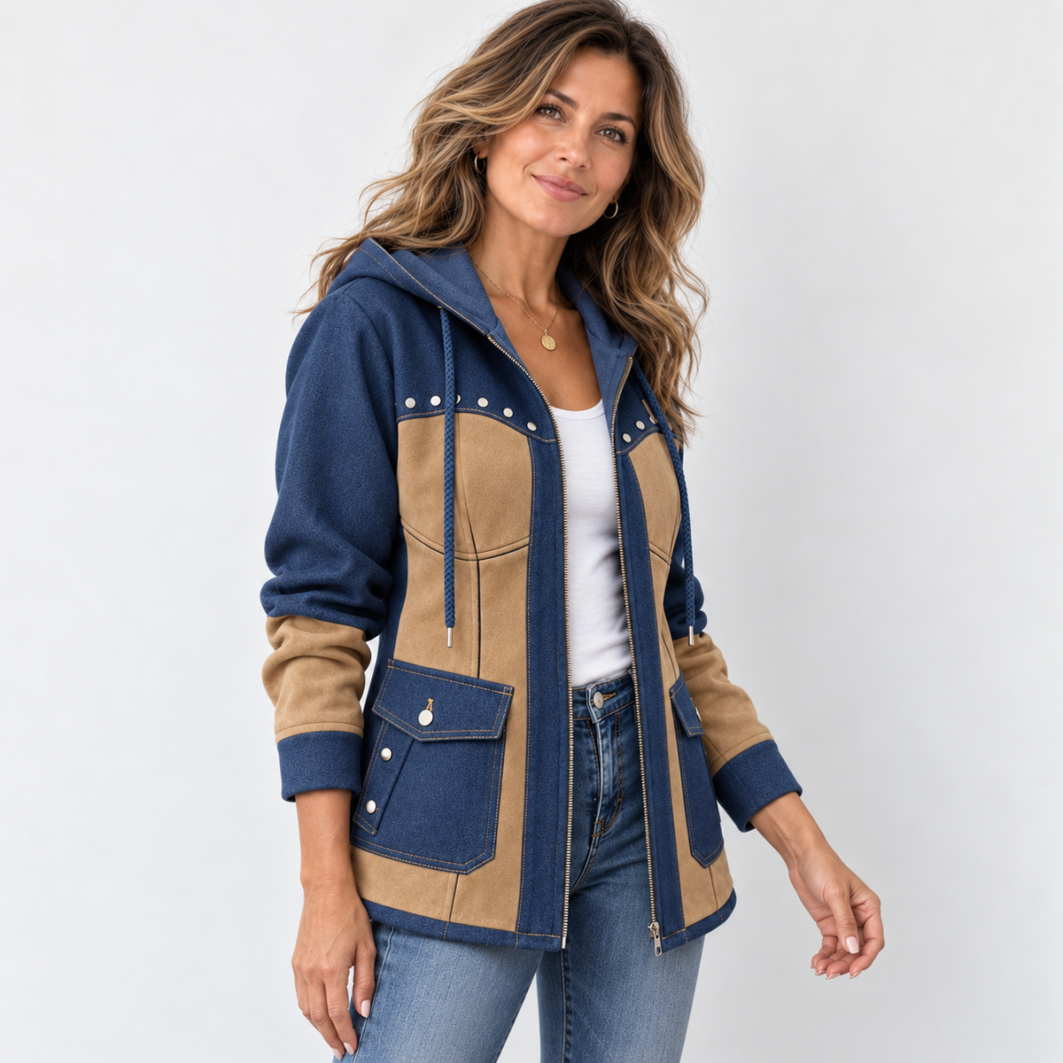 Mila | Veste pour Femme Patchwork Capuche Coupe Ample Poches - Bleu