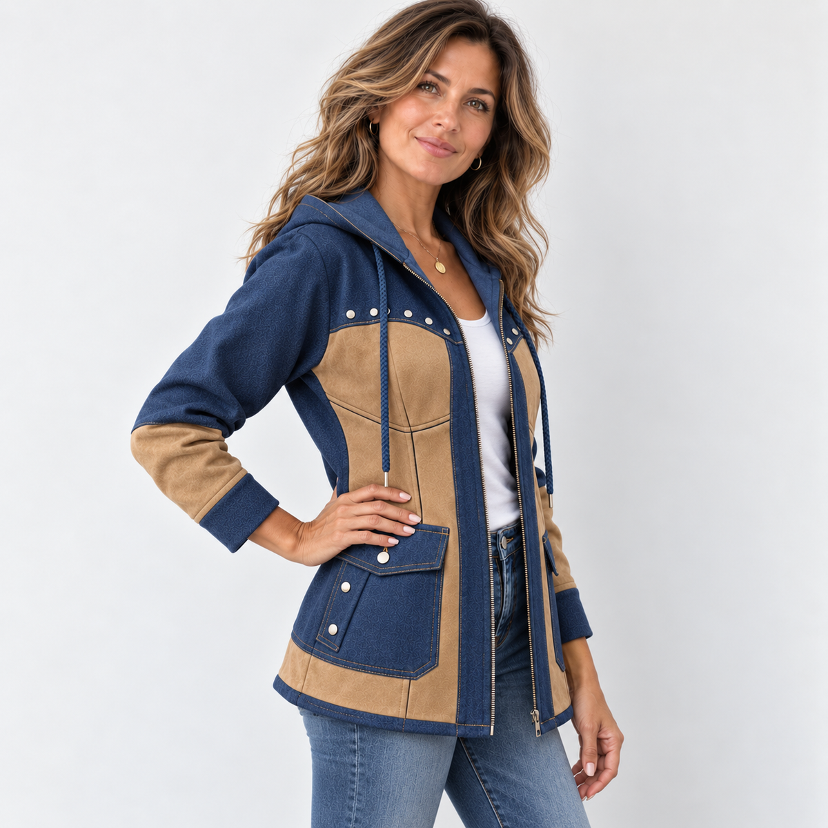 Mila | Veste pour Femme Patchwork Capuche Coupe Ample Poches - Bleu