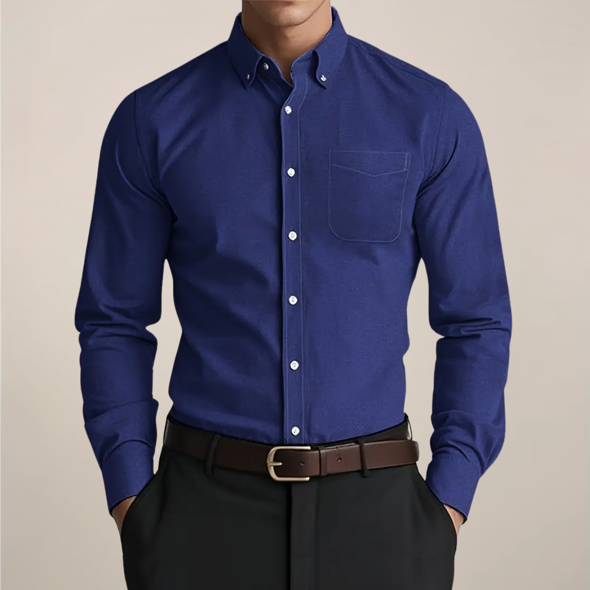 Milan | Heren Klassiek Button-Down Langarm Hemd - Marineblauw
