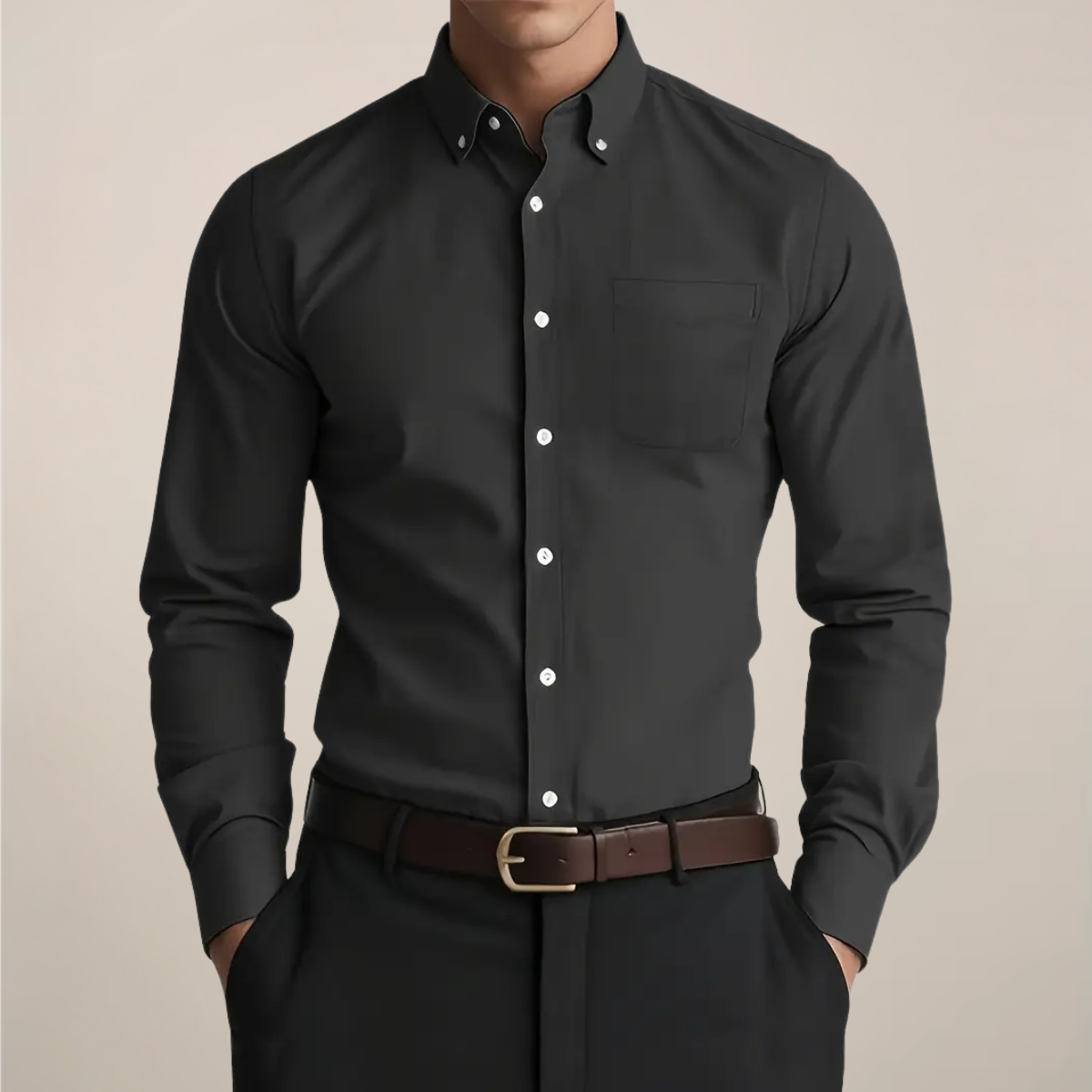 Milan | Heren Klassiek Button-Down Langarm Hemd - Zwart