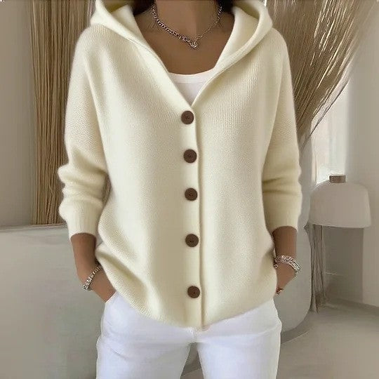 Nathan | Cardigan Femme Oversize à Capuche Tricot Côtelé Boutons - Beige