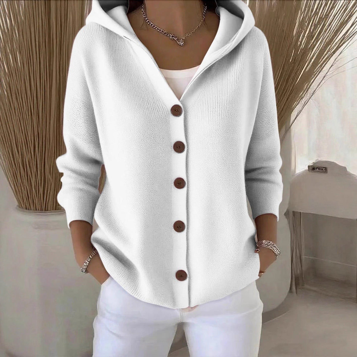 Nathan | Cardigan Femme Oversize à Capuche Tricot Côtelé Boutons - Blanc