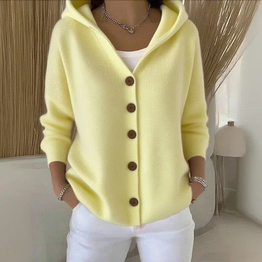 Nathan | Cardigan Femme Oversize à Capuche Tricot Côtelé Boutons - Jaune