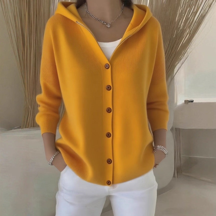 Nathan | Cardigan Femme Oversize à Capuche Tricot Côtelé Boutons - Moutarde