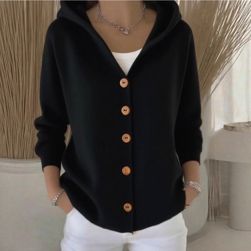 Nathan | Cardigan Femme Oversize à Capuche Tricot Côtelé Boutons - Noir