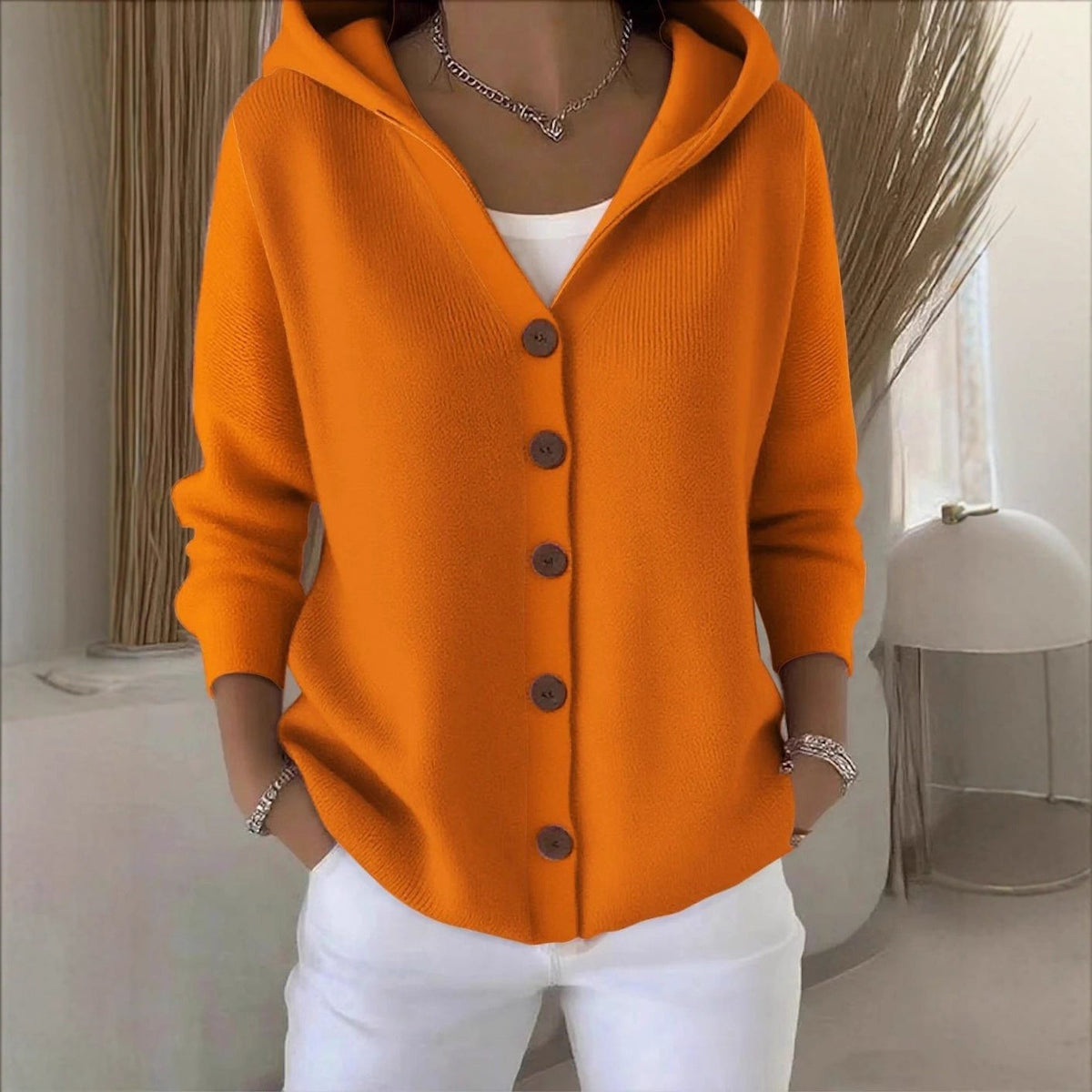 Nathan | Cardigan Femme Oversize à Capuche Tricot Côtelé Boutons - Orange