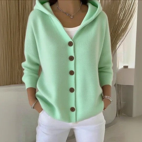 Nathan | Cardigan Femme Oversize à Capuche Tricot Côtelé Boutons - Vert