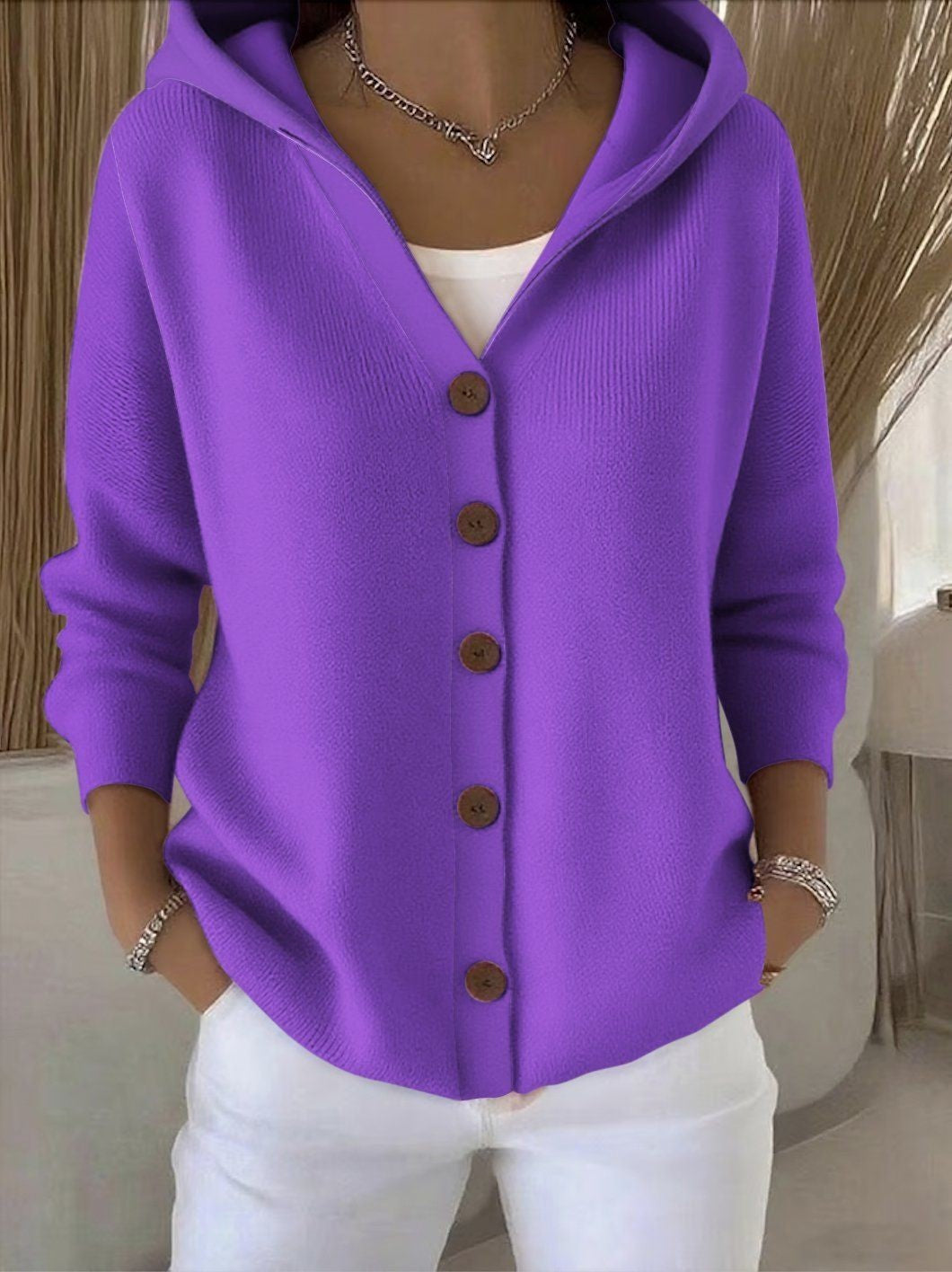 Nathan | Cardigan Femme Oversize à Capuche Tricot Côtelé Boutons - Violet