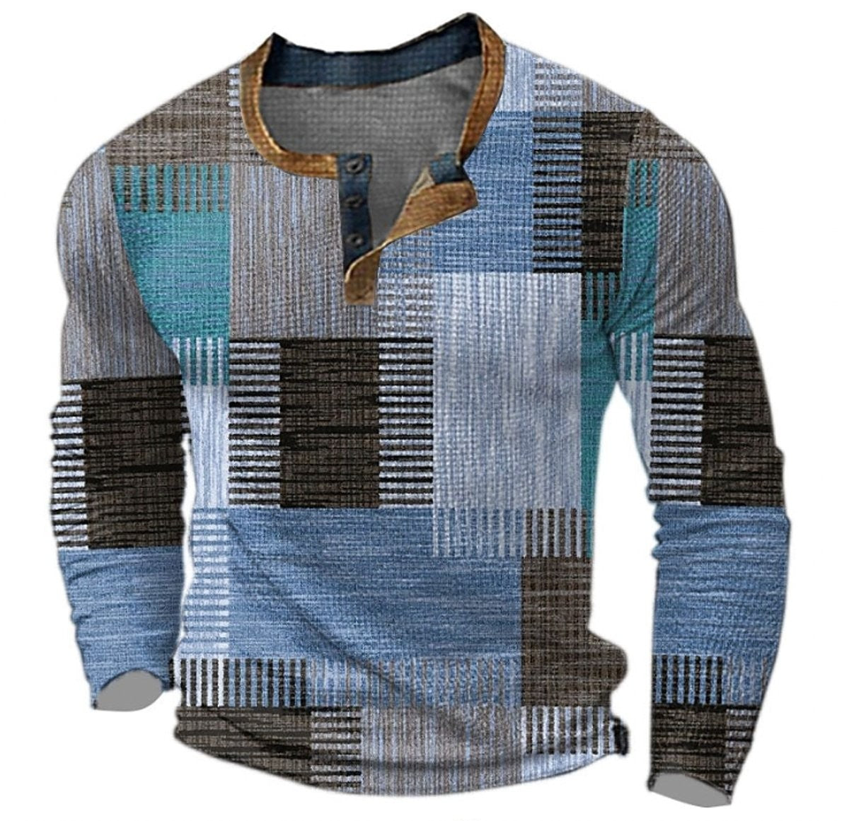 Noah | Pull Henley Homme Colorblock Rétro Motif Carreaux Manches Longues - Bleu