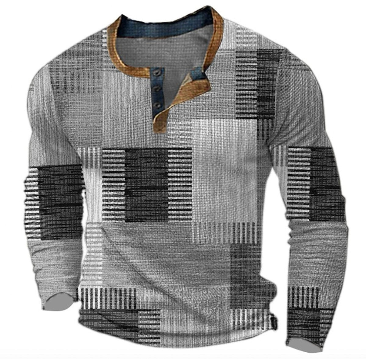 Noah | Pull Henley Homme Colorblock Rétro Motif Carreaux Manches Longues - Gris