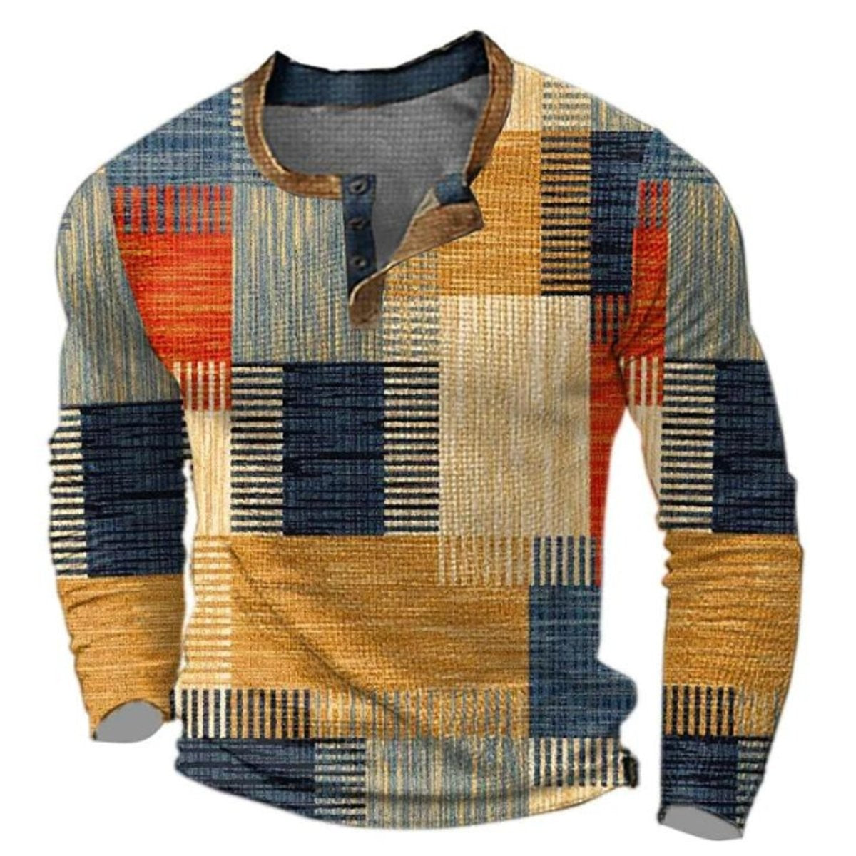 Noah | Pull Henley Homme Colorblock Rétro Motif Carreaux Manches Longues - Orange