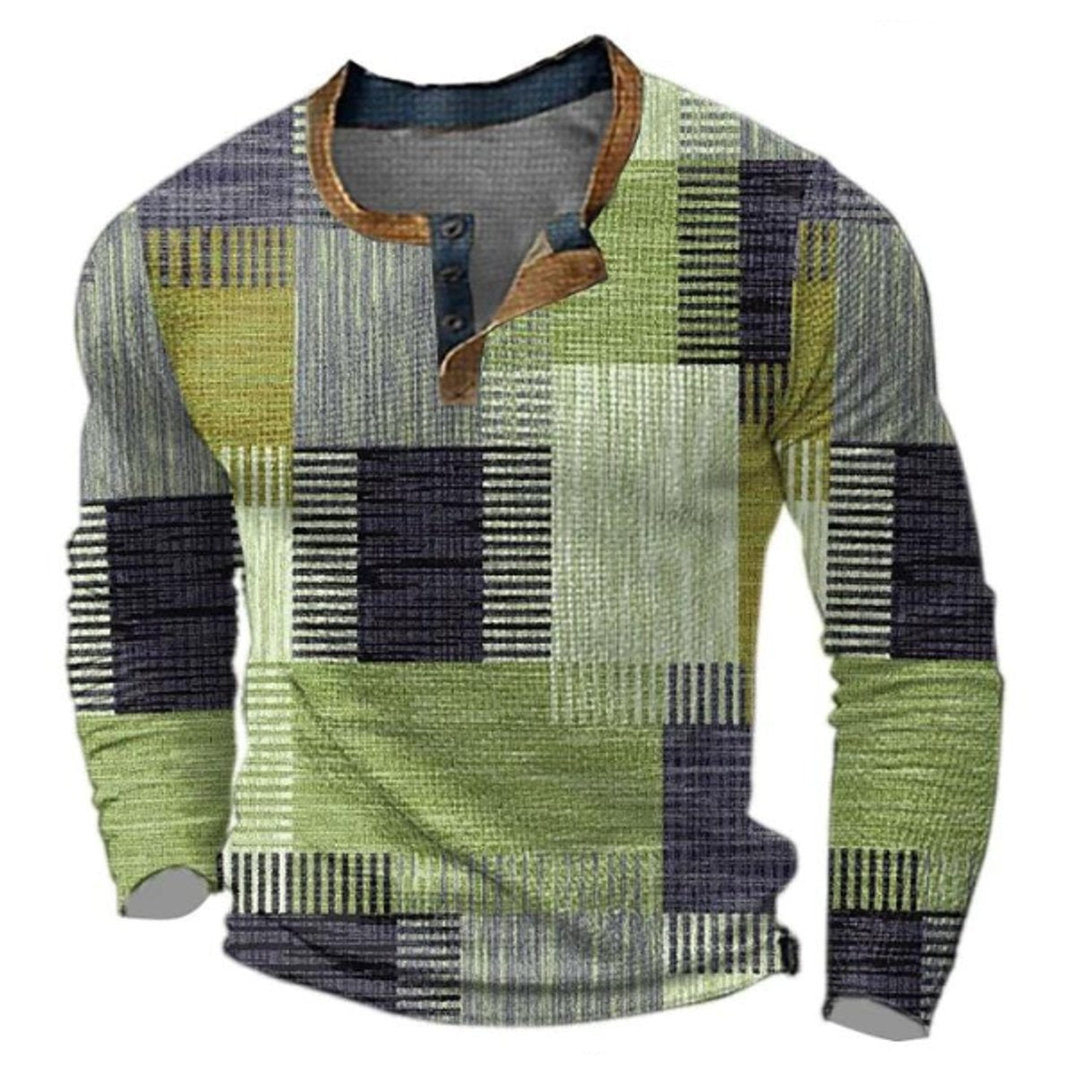 Noah | Pull Henley Homme Colorblock Rétro Motif Carreaux Manches Longues - Vert