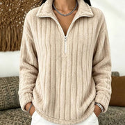 Nova | Dames Ruimvallend Fleece Pullover met Kwart-Rits en Geribd Oppervlak - Abrikoos