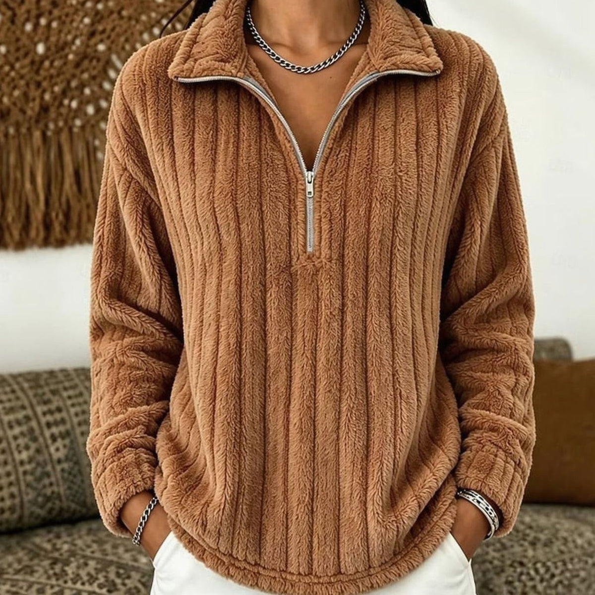 Nova | Dames Ruimvallend Fleece Pullover met Kwart-Rits en Geribd Oppervlak - Licht Bruin
