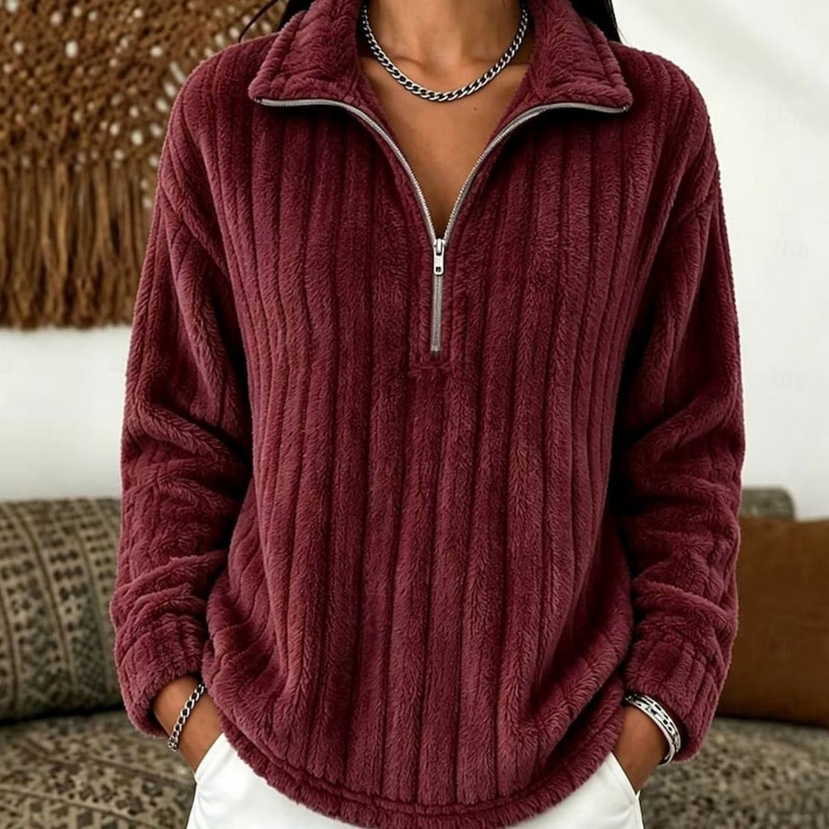 Nova | Dames Ruimvallend Fleece Pullover met Kwart-Rits en Geribd Oppervlak - Rood