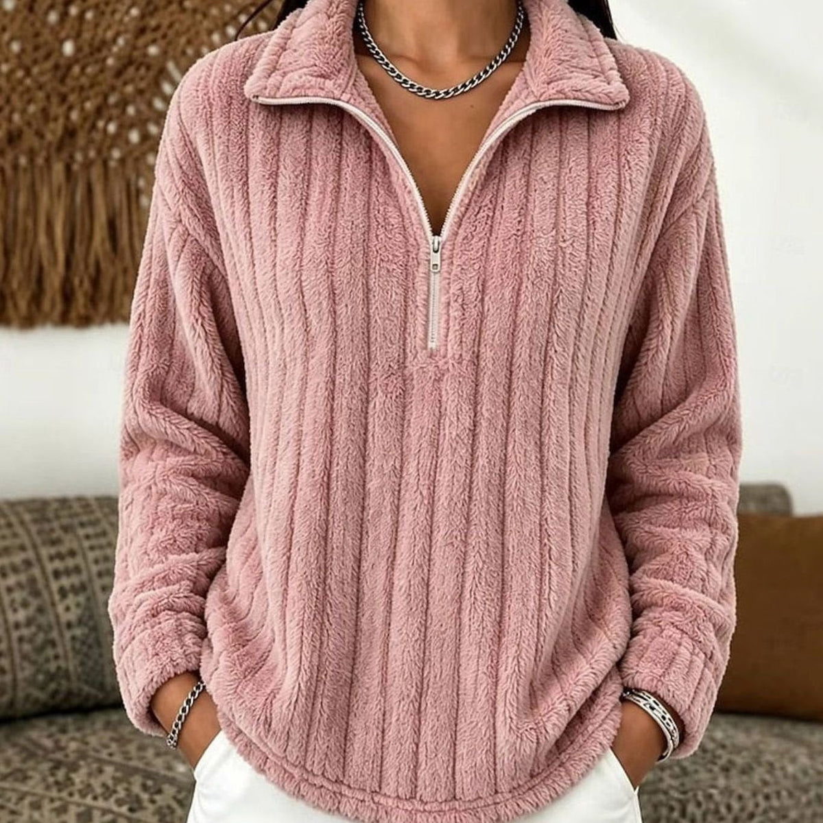 Nova | Dames Ruimvallend Fleece Pullover met Kwart-Rits en Geribd Oppervlak - Roze