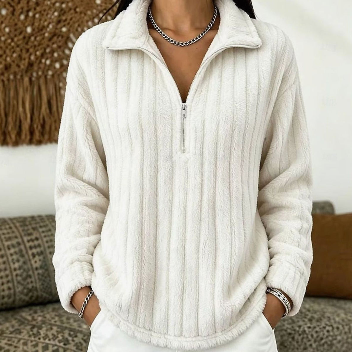 Nova | Dames Ruimvallend Fleece Pullover met Kwart-Rits en Geribd Oppervlak - Wit