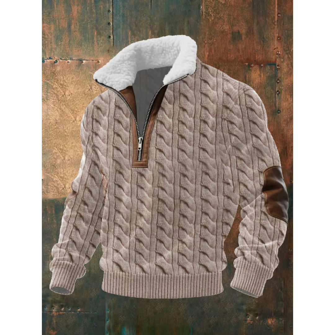 Paul | Pull pour Homme Col Montant Polaire Bicolore Tricot Épais - Marron Clair