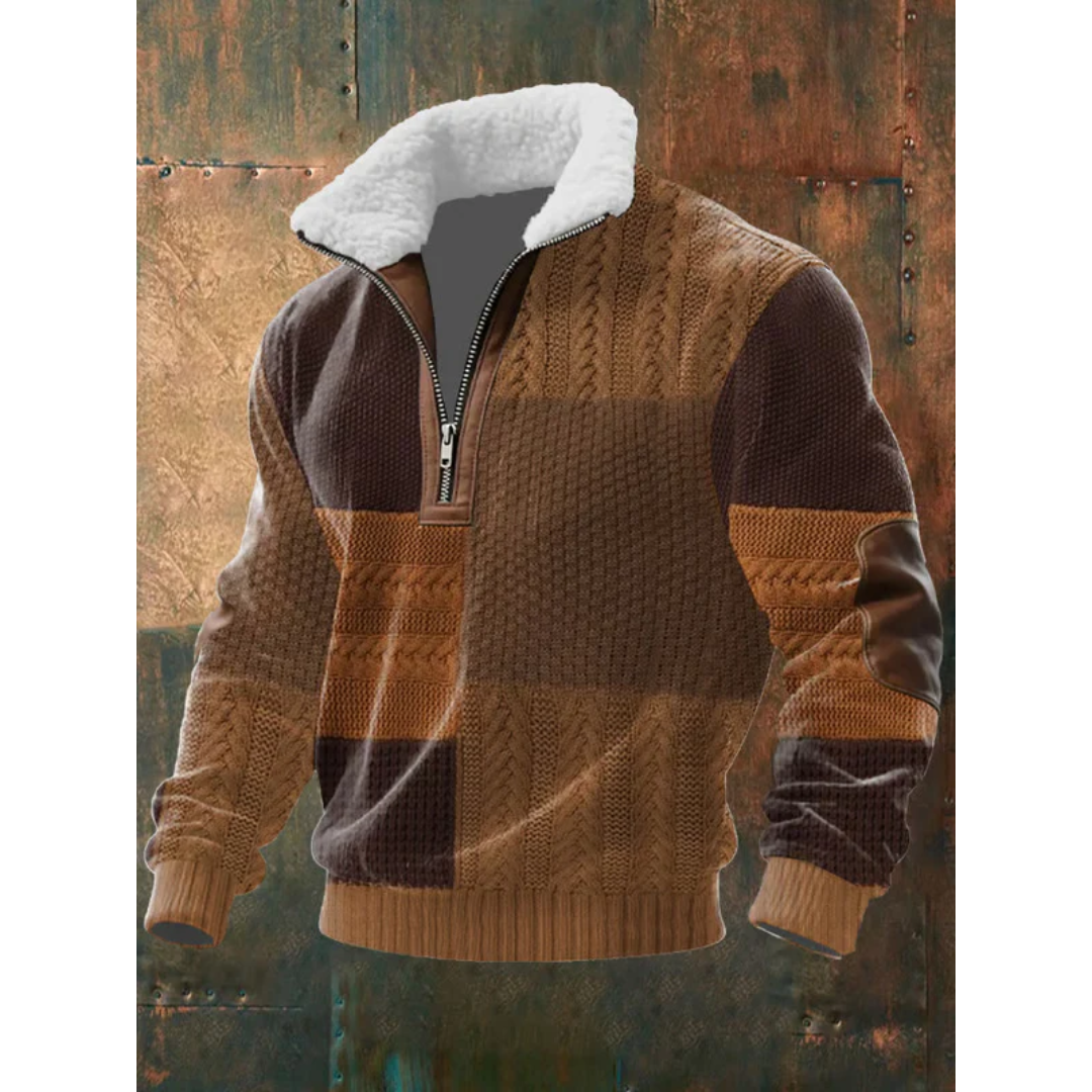 Paul | Pull pour Homme Col Montant Polaire Bicolore Tricot Épais - Marron Foncé