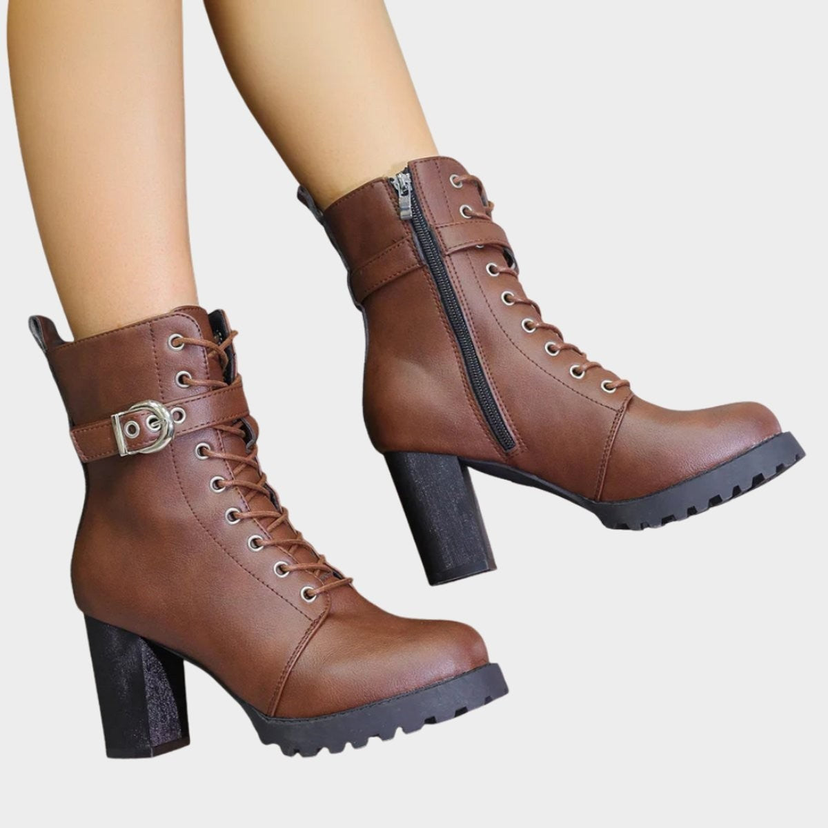 Rose | Bottes pour Femme Lacées Talon Bloc Boucle Latérale Combat - Marron