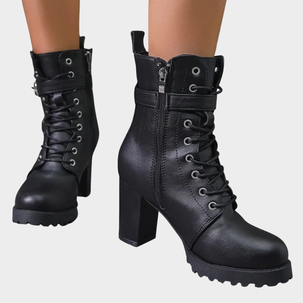 Rose | Bottes pour Femme Lacées Talon Bloc Boucle Latérale Combat - Noir