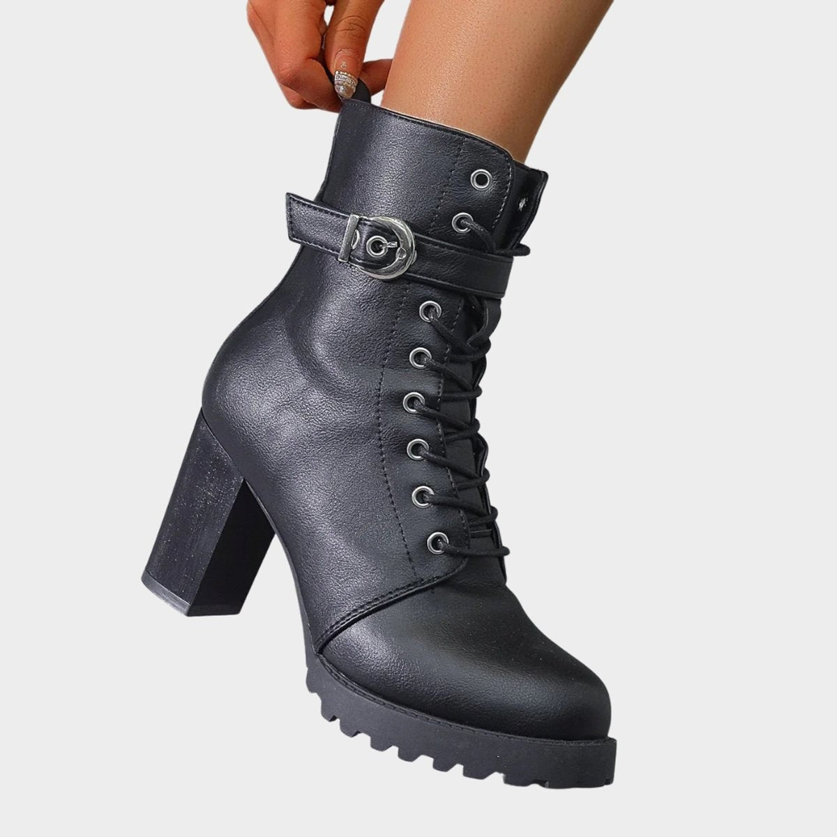 Rose | Bottes pour Femme Lacées Talon Bloc Boucle Latérale Combat - Noir