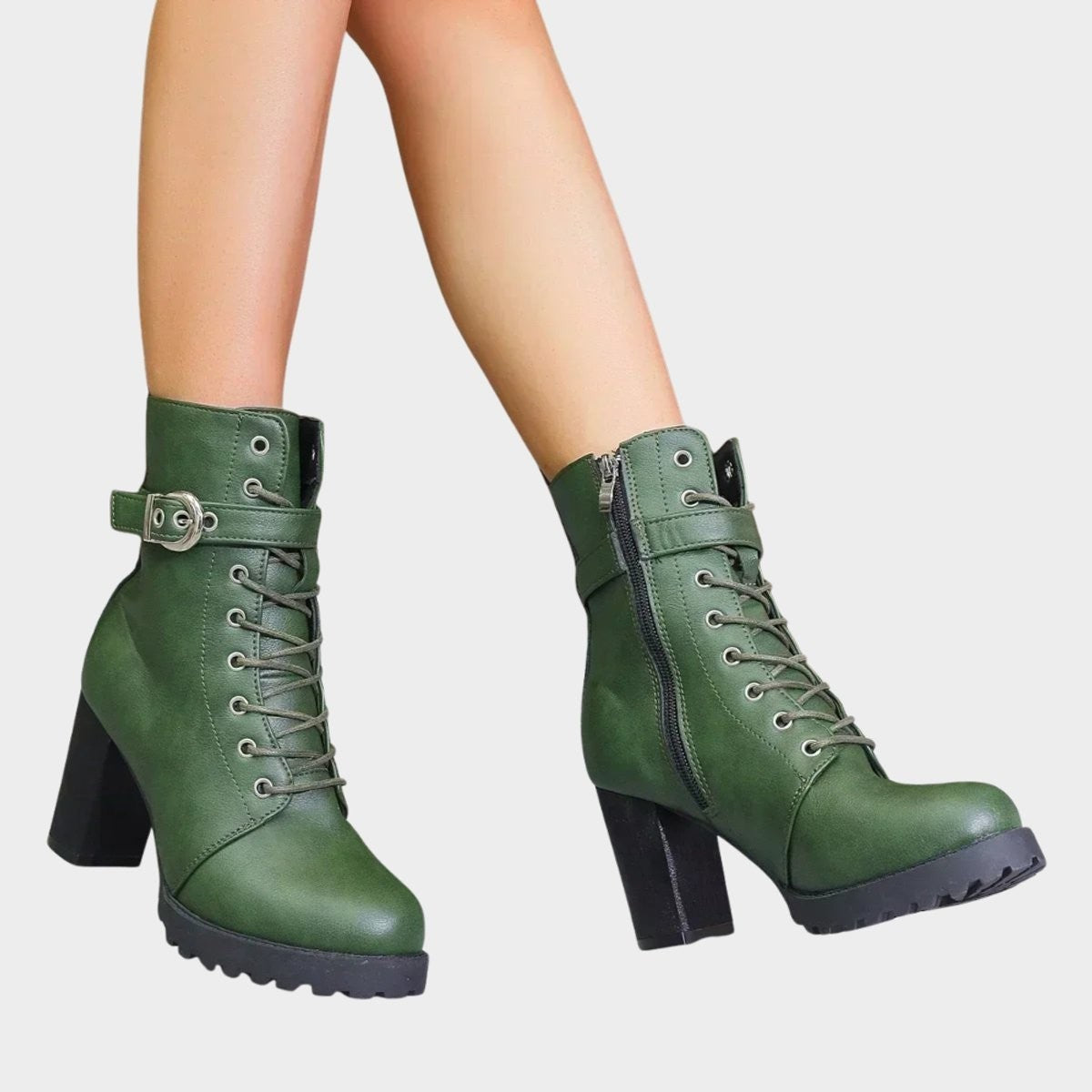 Rose | Bottes pour Femme Lacées Talon Bloc Boucle Latérale Combat - Vert